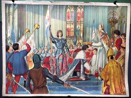 Vintage Schulwandbild Jeanne D`Arc & Louis XI Beidseitig Bed